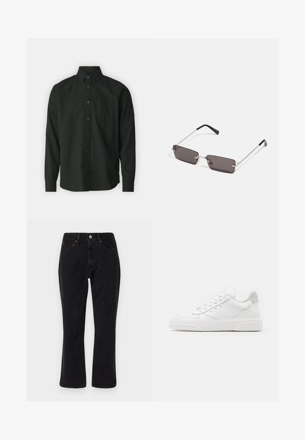 GAP STANDARD - Pluus - true black; Valge puuvillane t-särk lühikeste varrukatega, ümmarguse kaelusega ja lõdva lõikega. Sile tekstuur, ilma nähtavate mustrite või aktsentideta.; Mustad mustrid teksased, klassikalise sirge jalgade lõikega, viie taskuga stiilis ning metallist detailidega, millel on vasest aktsendid. Sile tekstuur ja keskmine tõus.; Valged nahast spordijalatsid siledast nahast viimistlusega, ümarate varvastega, lamekestega ja tekstuuriga tallaga. Hall suede aktsent kanna juures.; Kübarid, millel on ristkülikukujulised, tumedhalli värvi läätsed, hõbedased metallraamid ja mustad plastotsad käeotsades. Kerge disain koos nina padjadega.