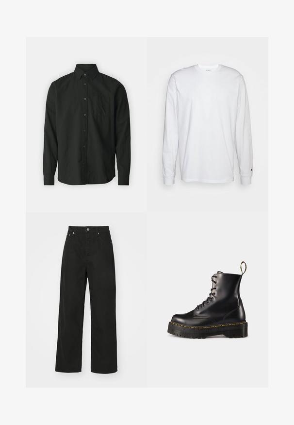 GAP STANDARD - Shirt - true black; White long-sleeved T-shirt made of cotton. Crew neck design with ribbed cuffs and a small logo on the left sleeve. Smooth texture.; Black denim trousers with a straight leg design, featuring five pockets, a button closure, and a classic waistband. Smooth texture.; Black leather lace-up ankle boots with a chunky black sole and yellow stitching. Features a pull tab at the back and circular metal eyelets.