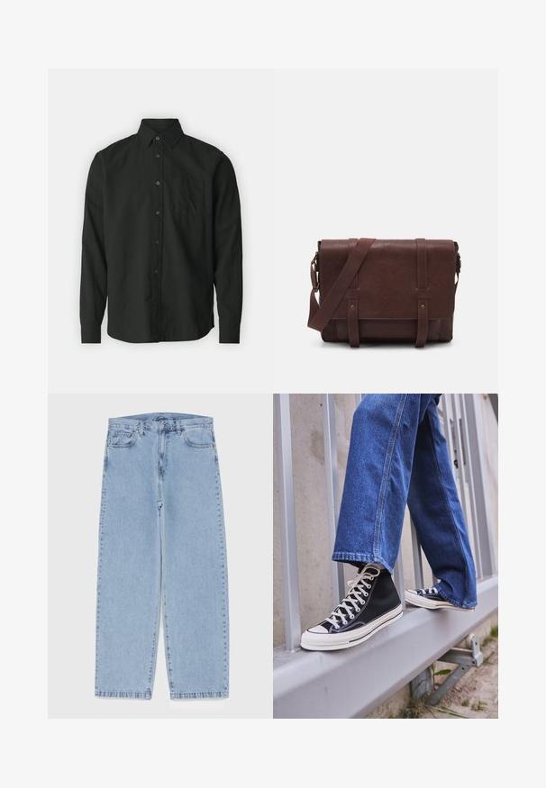 GAP STANDARD - Camisa - true black; Jeans de denim azul claro com design de perna reta, apresentando uma cintura de altura média, cinco bolsos e um fecho de botão e zíper.; Ténis altos pretos com sola e atacadores brancos, combinados com jeans azul desgastado, repousando sobre um corrimão cinza.; Mala mensageiro de couro castanho com uma aba frontal plana, duas correias, detalhes em metal dourado e uma alça de ombro ajustável.; Relógio de aço inoxidável prateado com mostrador redondo verde, marcadores de horas prateados, display de data e pulseira de metais. Resistente à água até 50 metros.