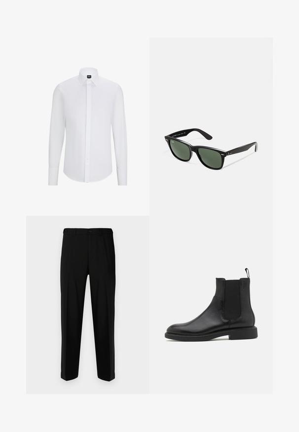 White long-sleeve button-up shirt with a pointed collar, made of smooth fabric, featuring a front placket and rounded hem.; Black trousers made of smooth fabric, featuring a straight cut, two front pockets, and a zip fly with button closure.; Black leather ankle boot with smooth texture, elastic side panels, and a pull tab. Round toe and flat rubber sole with minimal tread.; Black plastic sunglasses with green lenses, square frames, silver accent on the brow, and textured temple arms. Stated brand on inner arm.