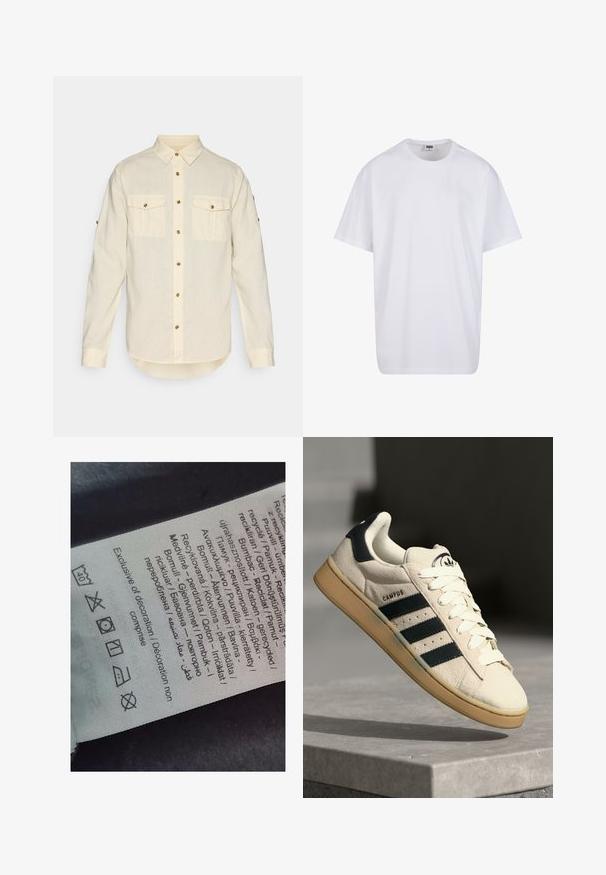 Světlý béžový dlouhý rukáv košile vyrobená z látky s jemnou texturou, s dvěma předními kapsami a knoflíky ve zlatém tónu. Zaoblený lem.; Bílé triko z bavlny s krátkým rukávem, kulatým výstřihem, volným střihem a bez viditelných log či vzorů. Hladká textura a minimalistický design.; Štítek s vícejazyčným textem, symboly péče a ikonami recyklace, vytištěný na měkkém materiálu připomínajícím látku ve světlé barvě.; Béžové semišové tenisky s třemi tmavě modrými pruhy, bílými tkaničkami a hnědou gumovou podrážkou. Obsahují logo na jazyku a nápis "CAMPUS".