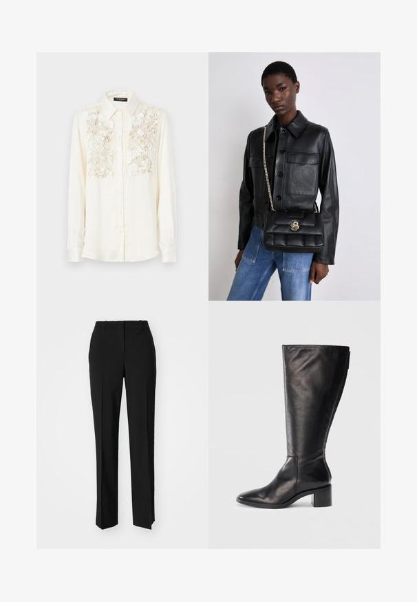 Cream-colored shirt featuring textured floral embroidery across the chest, with a classic collar and button-down front. Long sleeves.; Black tailored trousers with a straight-leg design, featuring a smooth texture and crisp creases along the front. No visible hardware.; Black leather knee-high boot with a square toe, block heel, and sleek design. Smooth texture with a side zip for easy wear.; Black leather jacket with button closure and two front pockets, paired with a black quilted handbag featuring a gold clasp and chain strap.