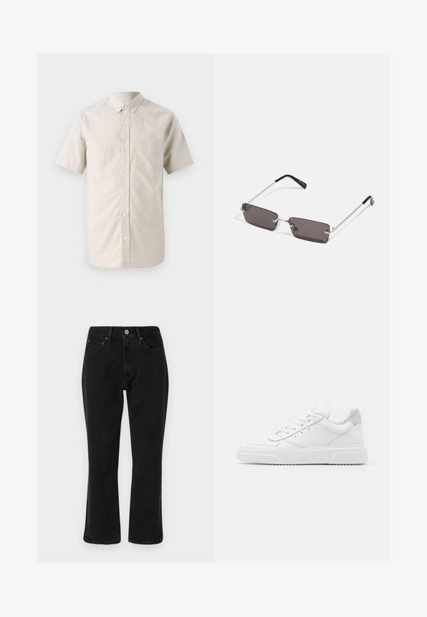 Kortermet, knappe skjorte i lys beige stoff; har en spiss krage og en lomme på venstre bryst med en enkelt knappelukking.; Svarte denimjeans med rette ben, fem lommer, og metallhardware med kobberdetaljer. Glatt tekstur og middelhøy livhøyde.; Hvite skinnsko med en glat overflate, rund tå, flate lisser og teksturert såle. Grå semsket innfelt ved hælen.; Solbriller med rektangulære, mørkegrå linser, sølvfargede metallrammer og svarte plasttupper på armene. Lett design med nesepuder.