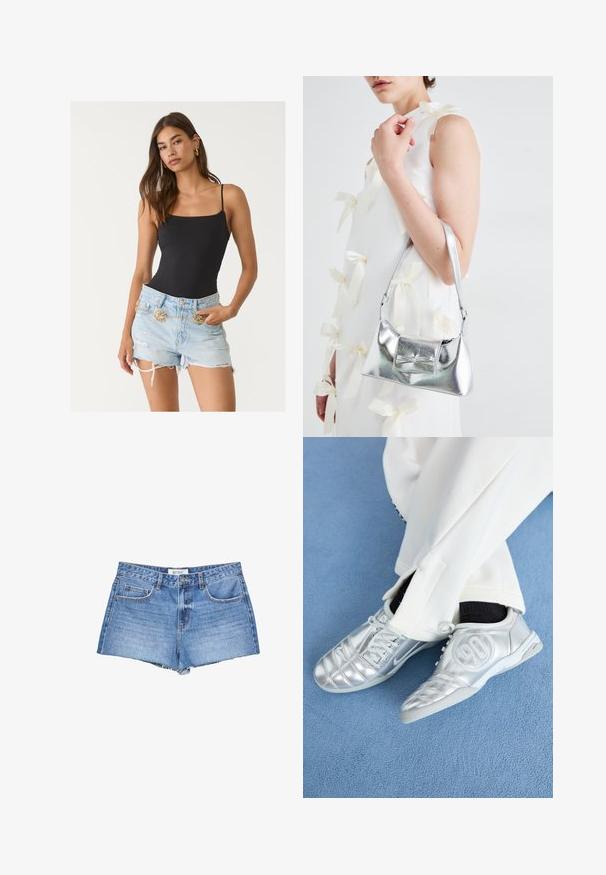 Body nero aderente con spalline sottili e bordi scallop, abbinato a pantaloni corti in denim azzurro chiaro strappati, con cintura in catena dorata.; Costume intero nero con scollatura a barca, design senza cuciture e aperture per le gambe alte, realizzato in un tessuto liscio e testurizzato.; Shorts in denim di un azzurro chiaro, con orlo sfilacciato, classico design a cinque tasche e chiusura a bottone frontale.; Scarpe da ginnastica argentate con una finitura liscia e lucida, caratterizzate da un design cucito e il numero 90 sul lato, abbinate a pantaloni bianchi.; Borsa a mano metallica argento con forma strutturata, dotata di manico superiore e dettaglio a fiocco sulla parte frontale. Texture liscia e finitura riflettente.