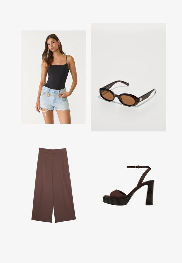 Body nero aderente con spalline sottili e bordi scallop, abbinato a pantaloni corti in denim azzurro chiaro strappati, con cintura in catena dorata.; Pantaloni ampi marroni con una texture liscia, caratterizzati da una vita alta e pieghe frontali. Il tessuto è leggero e scorre liberamente.; Sandal in camoscio marrone con tacco alto, punta aperta, cinturino alla caviglia regolabile e suola a piattaforma striata.; Occhiali da sole tartarugati marroni con lenti ovali, caratterizzati da una montatura sottile e un piccolo accento metallico sul lato. Finitura texturizzata e lucidata.