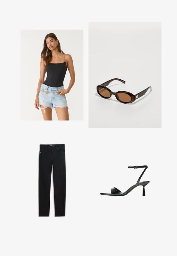 Czarny dopasowany body na ramiączkach z falbaniastymi brzegami, w połączeniu z postrzępionymi, jasnoniebieskimi szortami dżinsowymi z złotym paskiem łańcuszkowym.; Czarna dżinsowa spodnie o prostym kroju, pięć kieszeni, metalowe zapięcie na guzik oraz subtelne detale przeszycia. Gładka faktura.; Bershka - Sandały na obcasie; Brązowe okulary przeciwsłoneczne w kształcie muszki z owalnymi soczewkami, z cienką oprawką i małym metalowym akcentem z boku. Teksturowane i wypolerowane wykończenie.; Czarna torebka z lakierowanej skóry o zaokrąglonym kształcie, z jednym paskiem na ramię, przednimi kieszeniami i akcentami w kolorze srebrnym.