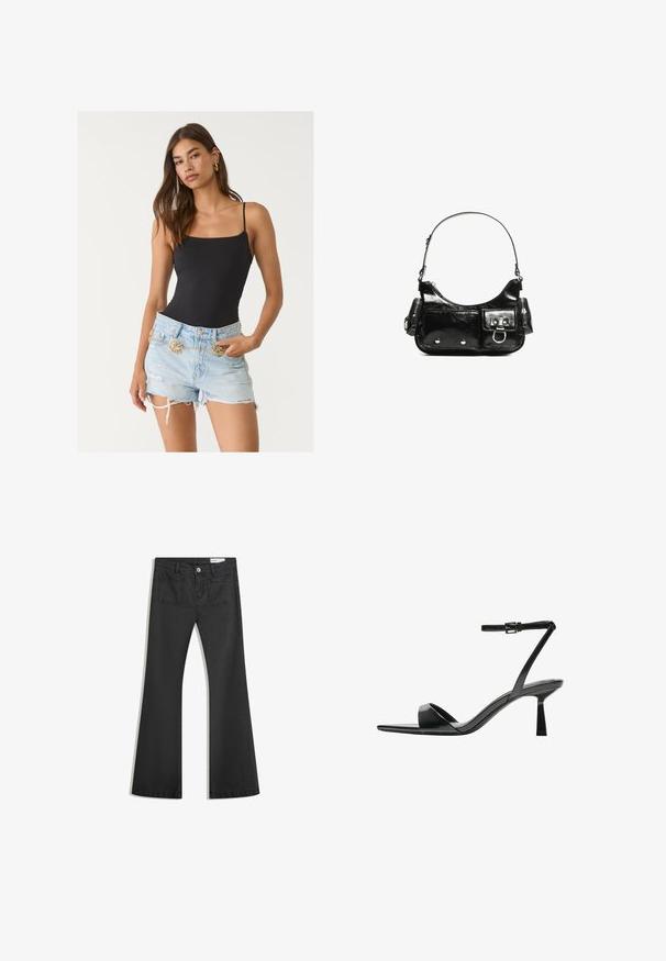 Mustat istuvat bodyn, jossa on naruolkaimet ja sahalaitareunat, yhdistettynä kuluneisiin vaaleansinisiin farkkushortseihin, joissa on kullanvärinen ketjuvyö.; Mustat leveälahkeiset farkut, jotka on valmistettu sileästä denimmateriaalista. Farkuissa on kaksi takataskua ja nappikiinnitys vyötäröllä.; Bershka Korolliset sandaalit - black; Mustekko mustasta kiiltonahasta valmistettu käsilaukku, jossa on kaareva muoto, yksi olkahihna, etutaskut ja hopeanväriset yksityiskohdat.