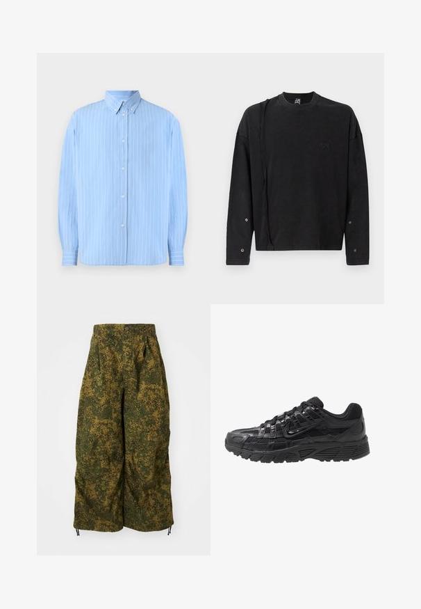 Lichtblauw overhemd met knopen, gemaakt van gladde stof, met verticale witte strepen, een puntkraag en lange mouwen met knoopmanchetten.; Zwarte sweatshirt met lange mouwen en ronde hals, voorzien van een subtiele logo aan de voorkant en drukknoopdetails op de mouwen, gemaakt van zachte stof.; Wijdvallende broek met groene en bruine pixelachtige camouflageprint, knoopsluiting en trekkoorden aan de onderkant.; Zwarte sportschoen met een bovenwerk van mesh en synthetisch materiaal, een gestructureerd oppervlak, vetersluiting en een rubberen zool met patroon voor grip.