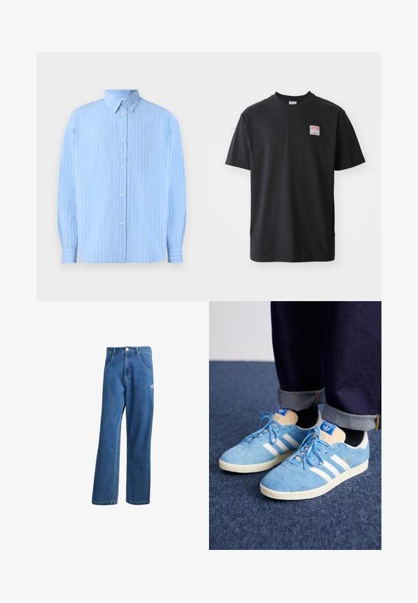 Světle modrá košile na knoflíky vyrobená z hladkého materiálu, s vertikálními bílými pruhy, špičatým límcem a dlouhými rukávy s knoflíkovými manžetami.; Černé bavlněné tričko s kulatým výstřihem, krátkými rukávy a malou barevnou nálepkou na levé straně hrudi, která nese slovo "SUPERIOR."; Modré vysoké široké džíny s vysokým pasem, předními kapsami, poutky na opasek, knoflíkovým zapínáním a malým logem Adidas na pravém stehně.; adidas Originals GAZELLE UNISEX - Tenisky - light blue/off white/cream white
