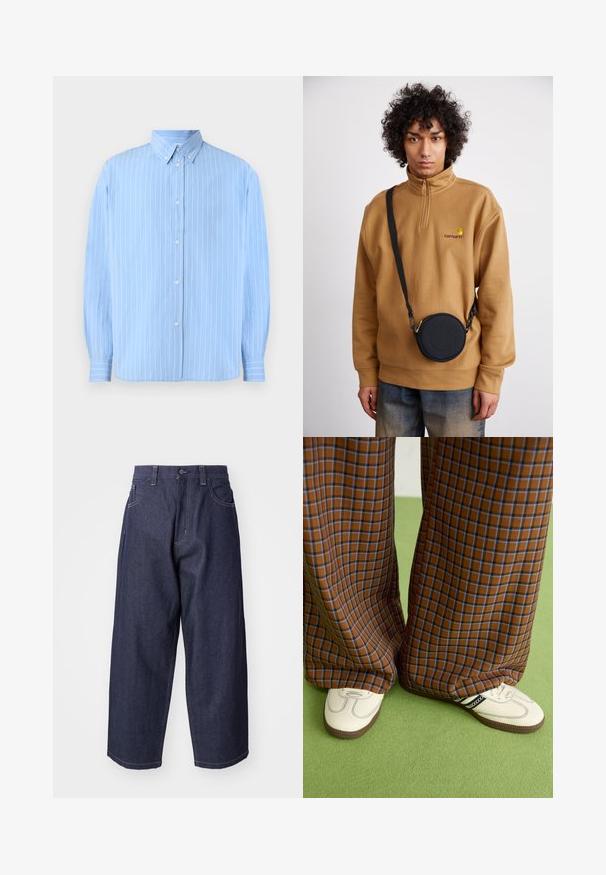 Svetlo modrá koša s gombíkmi, vyrobená z hladkej látky, s vertikálnymi bielymi pruhmi, so špicatým golierom a dlhými rukávmi so zapínaním na gombíky.; Tmavomodré denimové džínsy s voľným, širokým strihom. Funkcie zahŕňajú zapínanie na gombík, predné vrecká a viditeľné švy.; Hnedé a modré kárované nohavice s širokými nohavicami skombinované s bielymi topánkami s čiernymi akcentmi a textúrovanými podrážkami, umiestnené na zelenom pozadí.; Hnedý mikina s štvrťzipom z fleecu s vyšitým logom, so čiernou okrúhlou crossbody taškou so zipsom a detailom loga, nosená cez denim.
