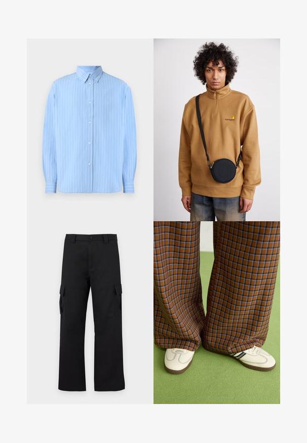 Vaaleansininen nappikauluspaita, joka on valmistettu sileästä kankaasta. Paidassa on pystysuorat valkoiset raidat, terävä kaulus ja pitkät hihat, joissa on napitetut hihansuut.; Musta cargo-housut suoralla lahkeella. Valmistettu kestävästä kankaasta, jossa on kaksi sivutaskua läppäkiinnityksellä ja nappisuljenta.; Ruskonsin ja sininen ruutukuvioinen leveälahkeinen housut yhdistettynä valkoisiin kenkiin, joissa on mustia yksityiskohtia ja tekstuuripohjat, vihreää taustaa vasten.; Ruskea neljännesvetoketjullinen fleecesweater, jossa on brodeerattu logo, mustan pyöreän olkalaukun kanssa, jossa on vetoketju ja logotiedot, käytetty farkkujen päällä.
