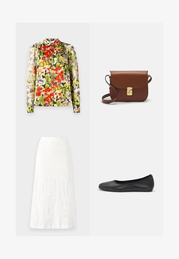 Floral blouse with a collar, long sleeves, and button-up front. Features red, green, and purple floral patterns on a light background.; Knit white midi skirt featuring a textured pattern with vertical lines and cut-out details near the hem. Elastic waistband. Soft material.; Black leather ballet flat with a rounded toe, smooth texture, minimal stitching detail, and a flexible sole design.; Brown leather handbag with a flap closure, gold-tone hardware, a shoulder strap, and a smooth texture. Compact rectangular shape.