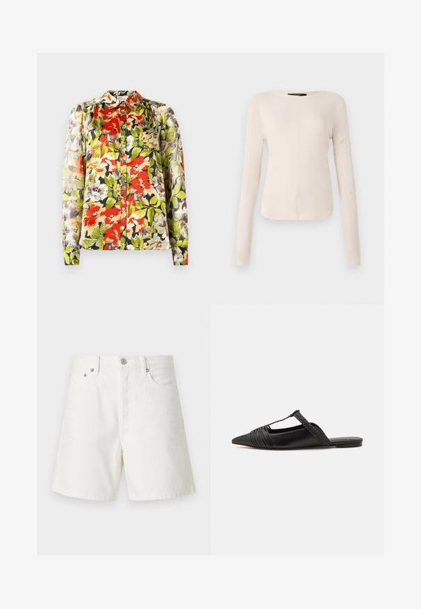 Cvjetna bluzica s kragnom, dugim rukavima i kopčanjem sprijeda. Sadrži crvene, zelene i ljubičaste cvjetne uzorke na svijetloj pozadini.; Dugih rukava, svijetlo bež majica s okruglim izrezom. Izrađena od mekanog materijala, ima središnji šav i blago zakrivljen rub. Nema vidljivih metalnih dijelova.; Bijele traperice kratke hlače s ravnim krojem, dizajnom s pet džepova, prednjim kopčanjem na dugme, srebrnim detaljima i šivenim ukrasima.; Crne kožne cipele s remenom oko pete i šiljastim vrhom, s pletenim naglaskom i nabranim gornjim dijelom. Ravni đon s minimalnim hardverom.