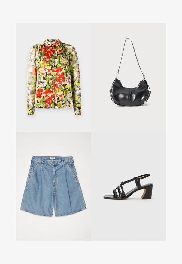 Bluză florală cu guler, mâneci lungi și deschidere cu nasturi. Prezintă un model floral în nuanțe de roșu, verde și violet pe un fond deschis.; Șorturi din denim de culoare albastru deschis, cu un croi lejer, având talie înaltă, buzunare laterale și închidere cu nasture. Textură decolorată pe întreaga suprafață.; Paul Smith AMIRA - Pantofi clasici cu toc - black; Geantă de umăr din piele neagră, în formă de semilună, cu fermoare argintii pe ambele părți și o singură curea.
