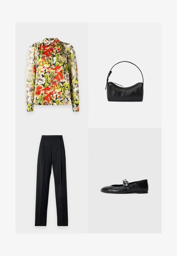 Květinová blůza s límcem, dlouhými rukávy a zapínáním na knoflíky. Obsahuje červené, zelené a fialové květinové vzory na světlém pozadí.; Černé kalhoty vyrobené z hladké tkaniny, vybavené vysokým pasem, širokými nohavicemi, předními záhyby a klasickými poutky na opasek. Nejsou viditelné boční kapsy.; Černé kožené baletní střevíce s špičatou špičkou, vybavené páskem s kruhovou kovovou přezkou a plochou podrážkou.; Černá kožená taška přes rameno s zakřiveným designem, zipovým uzávěrem a štíhlým popruhem. Má jemnou texturu a subtilní detaily šití.