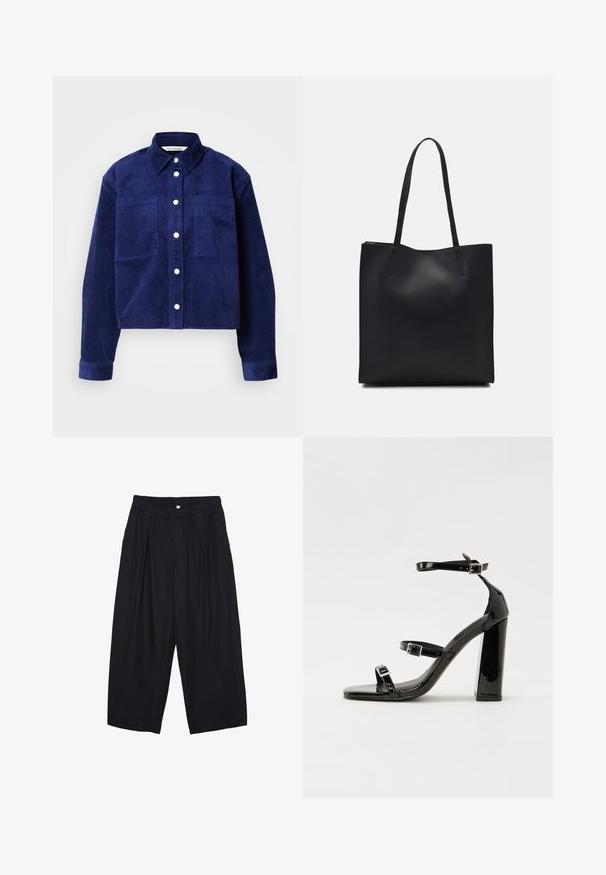 Námornícky kordový kožený kabát s dvoma prednými vreckami, predným zapínaním na gombíky, golierom a dlhými rukávmi so zapínaním na gombíky.; Čierne polyesterové culotte nohavice s elastickým pásom, dvoma prednými záhybmi a voľným strihom. Žiadne viditeľné vzory ani detaily z kovu.; Čierne lakované sandále na podpätku so štvorcovou špičkou, navlečenými remienkami okolo členku a striebornými prackami. Disponujú masívnym blokovým podpätkom pre stabilitu.; Čierna kožená taška na rameno s hladkým povrchom, obdĺžnikovým tvarom a dvoma dlhými uchami. Bez viditeľného kovania alebo ozdôb.