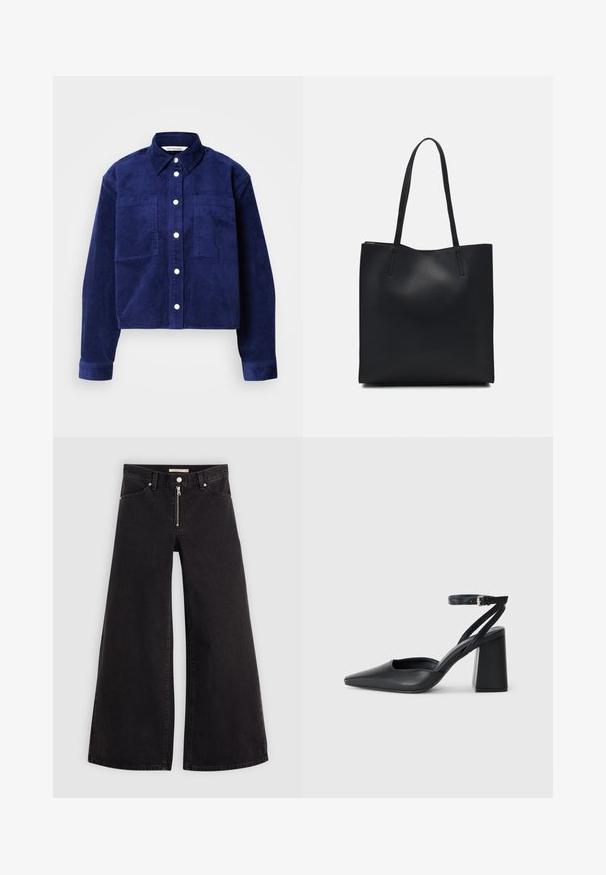 Marine corduroy shirtjack met twee zakken aan de voorkant, knoopsluiting aan de voorkant, kraag en lange mouwen met knoopmanchetten.; Wijdvallende jeans van zwarte denim met een ritssluiting aan de voorkant, vijf zakken en subtiele stikdetails. Soepele textuur en casual stijl.; Zwarte leren puntige pump met een enkelbandje en een chunky hak. Vlakke textuur, strakke vormgeving en minimalistische esthetiek.; Zwarte leren handtas met een gladde textuur, rechthoekige vorm en twee lange handvaten. Geen zichtbare hardware of versieringen.