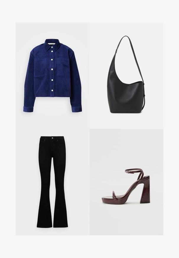 Námořnická kordurová košile s bundou, dvě přední kapsy, zapínání na knoflíky vpředu, límec a dlouhé rukávy s knoflíkovými manžetami.; Černé vysoké džíny s knoflíkem a zipovým zapínáním, předními kapsami a rozšířenými nohavicemi, ležící na bílé podložce.; Burgundské lakované kožené sandály na podpatku s širokým čtvercovým podpatkem, tenkým popruhem na kotníku a minimalistickým designem pro prsty. Hladký lesklý povrch.; Černá kožená hobo taška s hladkým povrchem, zakřiveným tvarem a jedním nastavitelným popruhem; má široké otevírání nahoře.