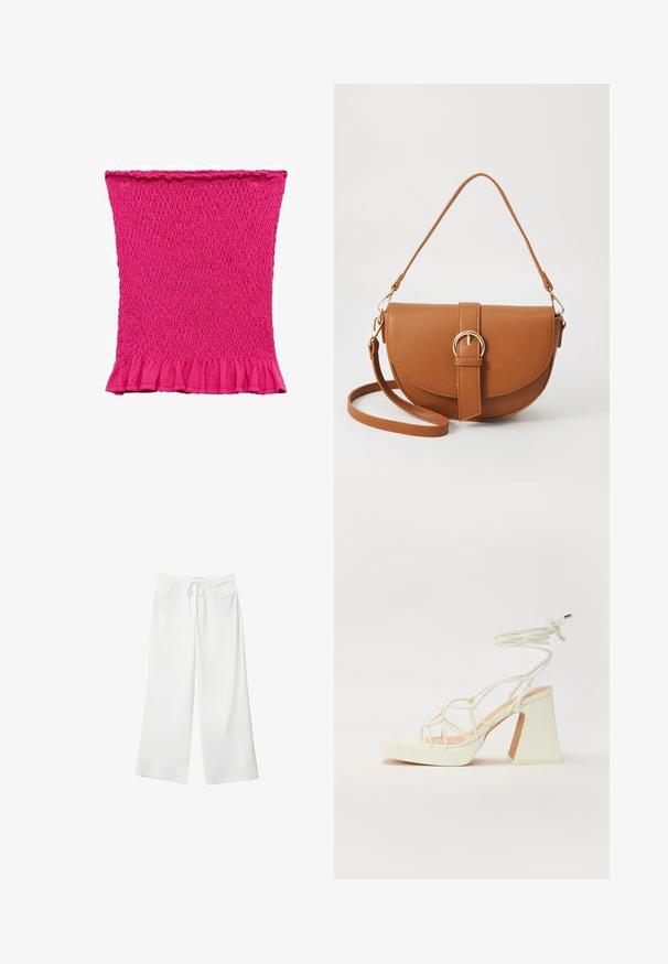 Fuksijasti pleteni top v obliku cevi s smockanim vzorcem in opravljenim robom. Mehka, raztegljiva in prilagojena zasnova, primerna za plastenje.; Bela široka hlače iz mehkega materiala, z vrvico v pasu in dvema sprednjima žepoma. Gladek texture in brez vidnih vzorcev.; Bela sandala na visokih petah s debelim petam, ki ima obliko trakcev in vezanje okoli gležnja. Gladka tekstura z platformo spredaj za dodatno višino.; Rjava usnjena torbica prek telesa s ukrivljeno obliko, zlate opreme in sponko. Ima odstranljiv naramni trak.