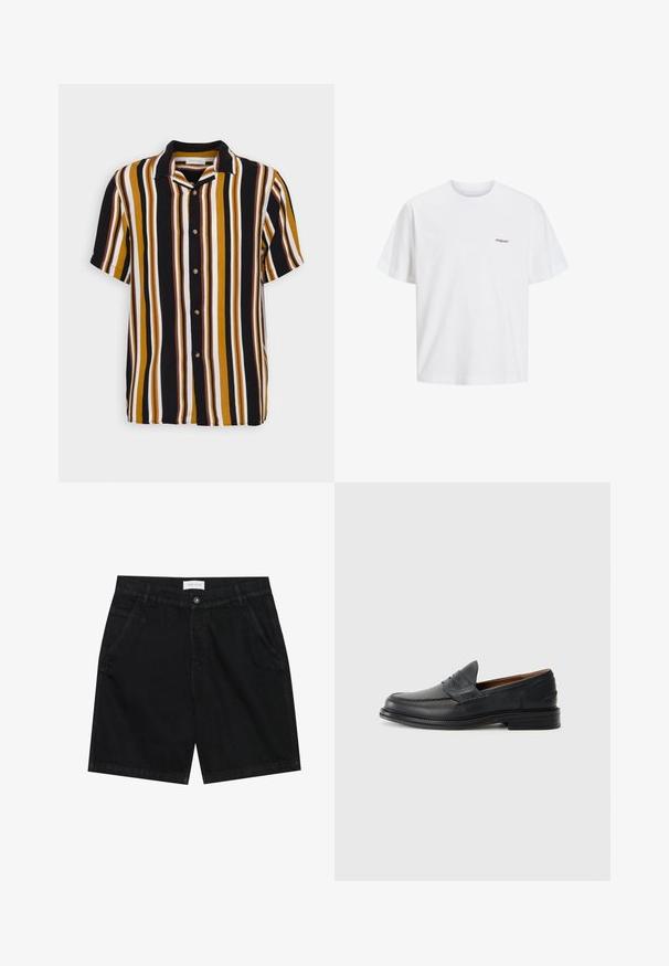 Gestreiftes kurzärmliges Hemd mit gelben, braunen, schwarzen und weißen senkrechten Streifen, klassischem Kragen und Holzknöpfen.; Weißes Baumwoll-T-Shirt mit kurzen Ärmeln und Rundhalsausschnitt, auf der linken Vorderseite mit einem kleinen schwarzen Aufdruck "Originals".; Schwarze Jeansshorts mit klassischem Schnitt, ausgestattet mit zwei vorderen Taschen, einem Knopfverschluss und einem Etikett am Bund. Strukturierter Stoff.; Schwarze Lederloafers mit gesticktem Design, abgerundeter Spitze, niedrigem gestapeltem Absatz und als Slipper. Glatte Textur mit leichtem Glanz.