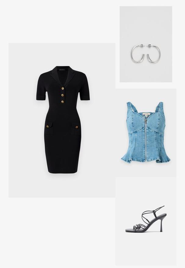 Niebieska denimowa bluzka z zamkiem błyskawicznym z przodu, usztywnionymi miseczkami, szerokimi ramiączkami i rozkloszowanym dołem. Teksturowany materiał z przeszyciami.; Czarna dopasowana sukienka z krótkimi rękawami, kołnierzykiem, pięcioma złotymi guzikami oraz dwiema przednimi kieszeniami z pasującymi guzikami. Gładka tekstura materiału.; Czarne sandały na wysokim obcasie mają cienkie paski z węzłowym wzorem, gładki, kwadratowy czubek i smukły obcas w stylu szpilki.; Jasnoszara metaliczna torebka na łańcuszku, ozdobiona małymi okrągłymi metalowymi ćwiekami oraz trójkątnym logo marki.; Srebrne kolczyki na biglu o gładkim, błyszczącym wykończeniu. O zaokrąglonym kształcie, lekkim designie, z zamknięciem na zatrzask.