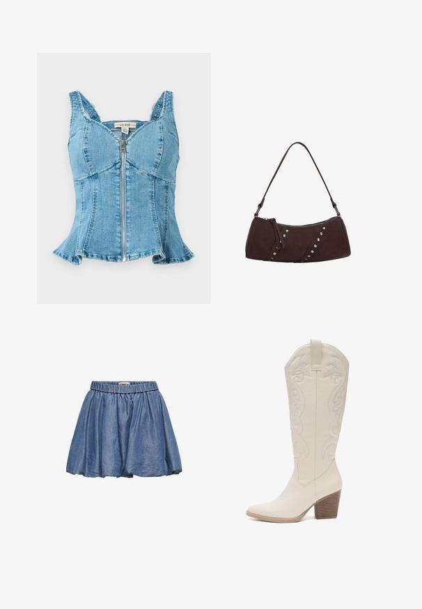 Blauwe denim top met een rits aan de voorkant, gestructureerde cups, brede schouderbanden en een uitlopende zoom. Textuurstof met gestikte details.; Denim rok met een elastische tailleband, uitlopende ontwerp en een lichtblauwe kleur. Heeft een zachte textuur en geplooide stof.; Kniehoge witte leren cowboylaars met geborduurde bloemenpatronen, puntige neus en een gestapelde houten hak. Zachte textuur en gestroomlijnd ontwerp.; Bruine synthetische leren handtas met een gebogen vorm, ritssluiting en decoratieve zilveren studs aan één kant. Voorzien van een korte schouderband.