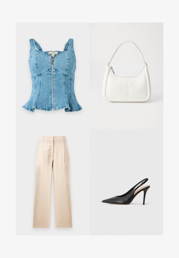 Haut en denim bleu avec fermeture éclair à l'avant, bonnets structurés, bretelles larges et ourlet évasé. Tissu texturé avec des détails cousus.; Pantalon beige en tissu lisse. Présente une coupe droite, un devant plat et deux plis. Sans motifs visibles ni accessoires.; Escarpin à talon haut en cuir noir avec un bout pointu, une texture lisse et une délicate bride avec une boucle métallique.; Sac à main en cuir blanc avec une forme courbée, arborant un logo "CK" embossé à l'avant et une seule bandoulière. Fermeture à glissière en haut.