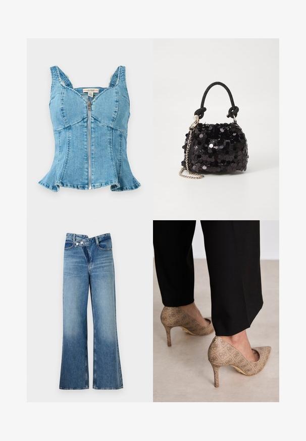 Kék farmer felső, elülső cipzárral, formázott kosarakkal, széles vállpántokkal és bővülő aljjal. Strukturált anyag, varrott részletekkel.; Világoskék, harang szabású farmernadrág magas derékkal, két gombbal és elülső zsebekkel. Az anyag megjelenése kopott, apró eltérésekkel.; Beige magassarkú cipők texturált anyagból, ismétlődő mintával. Hegyes orrú kialakítás, hátsó díszítéssel és arany sarkú részlettel.; Fekete flitteres mini kézitáska csomózott textúrájú pánttal és ezüst lánccal. Lekerekített forma, ráncolt tetejével és fényvisszaverő részletekkel.