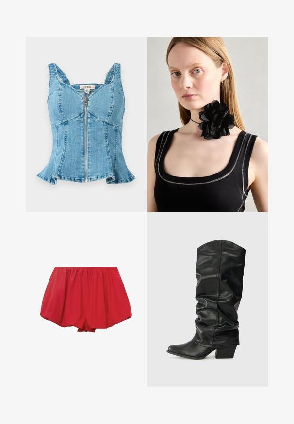 Blauwe denim top met een rits aan de voorkant, gestructureerde cups, brede schouderbanden en een uitlopende zoom. Textuurstof met gestikte details.; Rode, lichte shorts met een elastische tailleband. Met een losse, uitlopende pasvorm en gathered stof voor een ontspannen fit.; Zwarte leren laarzen tot de knie met een verslonden ontwerp, puntige neus en een chunky hak, voorzien van een zachte textuur en minimale stiksels.; Zwarte bloemen choker ketting gemaakt van gelaagde bloemblaadjes, gedragen met een zwarte ribgebreide tanktop met zilveren accenten langs de halslijn en schouders.