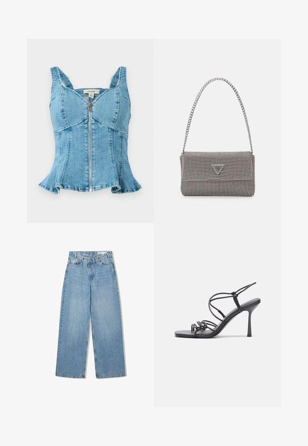Modrá denimová blúzka s predným zipsom, štruktúrovanými košíčkami, širokými ramienkami a rozšíreným lemom. Textúrovaná tkanina s prešitými detailmi.; Svetlomodré široké džínsy vyrobené z denimu, s vysokým pásom, piatimi vreckami, zapínaním na gombík a jemným vyblednutím pre textúru.; Čierne sandále na vysokom podpätku majú tenké remienky s uzlovým dizajnom, hladký štvorcový špičku a elegantný stiletto podpätok.; Svetlošedá metalická kabelka s reťazovým popruhom, ozdobená malými kruhovými kovovými štítkami a trojuholníkovým logom značky.; Strieborné kruhové náušnice s hladkým a lesklým povrchom. Okrúhly tvar, ľahký dizajn, s uzáverom na kolík.