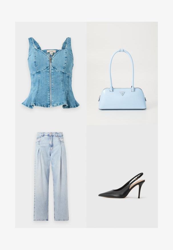 Blauwe denim top met een rits aan de voorkant, gestructureerde cups, brede schouderbanden en een uitlopende zoom. Textuurstof met gestikte details.; Lichtblauwe denim jeans met een hoge taille, wijde pijpen, twee zijzakken en geplooid ontwerp. Zachte textuur met een vervaagd uiterlijk.; Zwarte lederen slingback hakken met een puntige neus, een gladde textuur en een delicaat bandje met een metalen gesp.; Lichtblauwe handtas met een gestructureerde vorm, van soepel leer, met twee handvatten en een driehoekig merklogo aan de voorkant. Met ritsluiting.