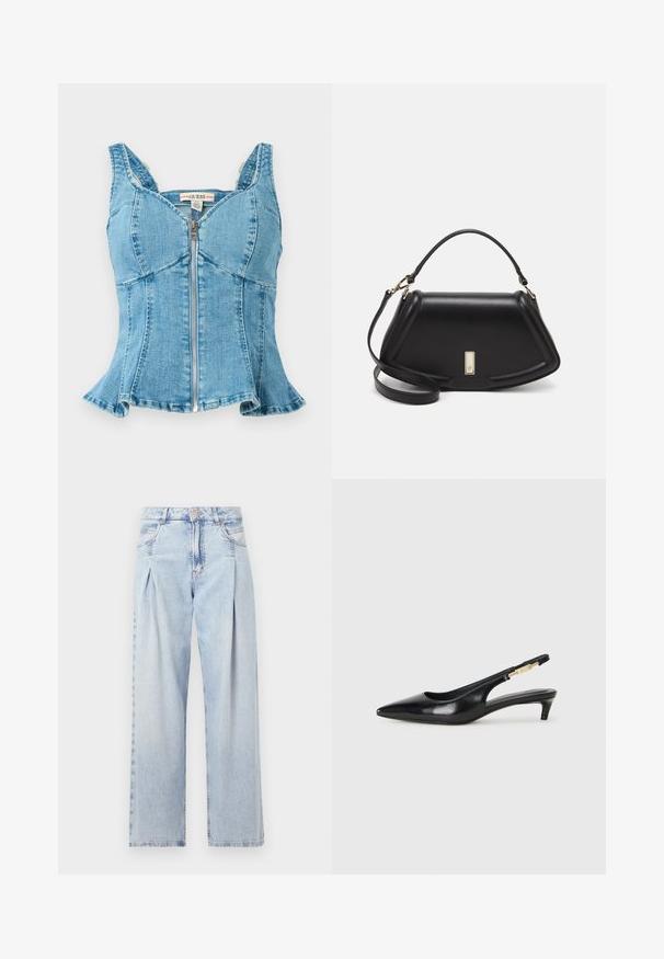 Blauwe denim top met een rits aan de voorkant, gestructureerde cups, brede schouderbanden en een uitlopende zoom. Textuurstof met gestikte details.; Lichtblauwe denim jeans met een hoge taille, wijde pijpen, twee zijzakken en geplooid ontwerp. Zachte textuur met een vervaagd uiterlijk.; Zwarte leren slingback hakken met een spitse neus, voorzien van een slanke hak en een goudkleurige accent op de verstelbare band. Gladde textuur.; Zwarte leren handtas met een gestructureerd ontwerp, featuring een verkorte vorm, bovenhandvat en gouden hardwareaccent. Inclusief verstelbare schouderband.