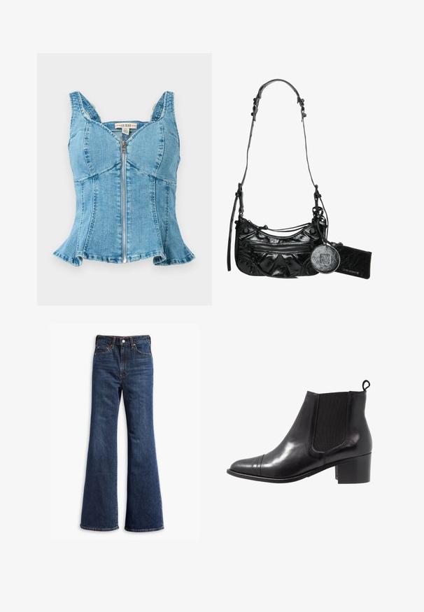 Top in denim blu con zip frontale, coppe strutturate, spalline larghe e orlo svasato. Tessuto testurizzato con dettagli cuciti.; Jeans in denim blu scuro a vita alta con gamba a zampa d'elefante, chiusura frontale con bottone e zip, e design a cinque tasche.; Stivale alla caviglia in pelle nera con pannelli laterali elastici, punta rotonda e tacco bloccato texturizzato. Presenta un pratico passante sul retro per facilitare l'indossamento.; Borsa a tracolla in pelle sintetica nera con design curvo, tasca anteriore con zip e hardware decorativo, completa di una pochette rotonda staccabile per le monete.