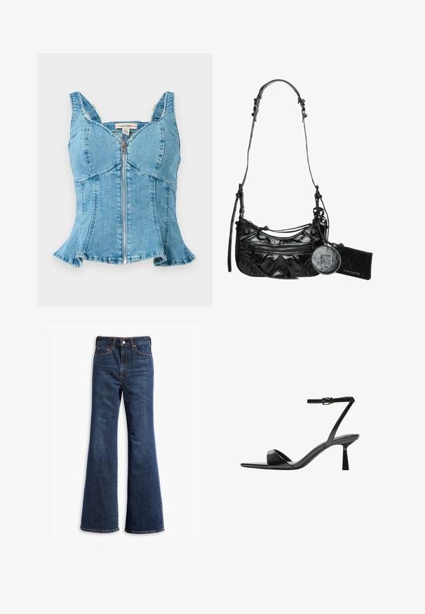 Blå denimtop med framzipper, strukturerade kupor, breda axelremmar och en utsvängd nederkant. Texturerad tyg med sömnadsdetaljer.; Höga mörkblå denimjeans med utställda ben, frontknapp och dragkedjestängning samt femficksdesign.; Bershka Sandaletter - black; Svart syntetisk läderhandväska med en böjd design, dragkedja framficka och dekorativt hårdvara med en avtagbar rund myntpung.