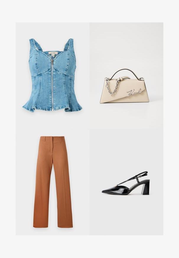 Mėlynas džinsinis topas su priekiniais užtrauktukais, struktūruotomis puodeliais, platesnėmis petnešomis ir plačiu apvadu. Audinys su tekstūra ir siūlių detalėmis.; Plati kelnes iš turtingos rudos medžiagos, turinčios glotnią tekstūrą, standartinį juosmenį su diržo kilpomis ir priekiniai raukšlės detalės.; Juodos lakinės odos aukštakulnės basutės su smailiu pirštu, reguliuojama juosta ir storu stačiakampiu kulnu.; Bežinė odinė rankinė su struktūrine trikampio forma, turinti sidabrinę grandinėlę ir metalinį bajorišką logotipą.