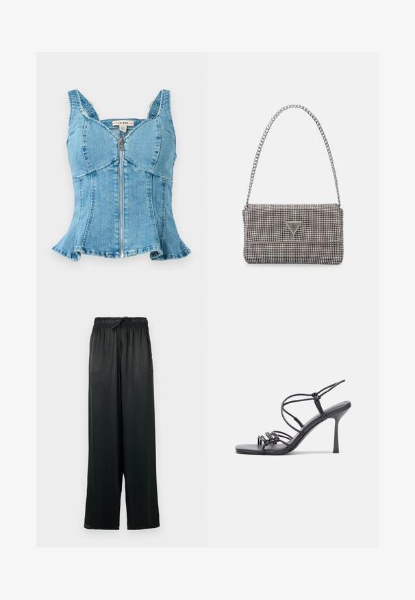 Top de denim azul con cremallera frontal, copas estructuradas, tirantes anchos y un dobladillo acampanado. Tejido texturizado con detalles de costura.; Pantalones de pierna ancha negros, hechos de una tela suave, que cuentan con una cinturilla elástica con cordón. Diseño simple y minimalista.; Las sandalias negras de tacón alto presentan finas correas con un diseño anudado, una punta cuadrada suave y un elegante tacón de aguja.; Bolso de mano metálico gris claro con una cadena como asa, adornado con pequeños remaches metálicos circulares y un logotipo de marca en forma triangular.; Aros de plata en forma de aro con un acabado liso y brillante. Diseño redondeado y ligero, con cierre de tipo post-back.