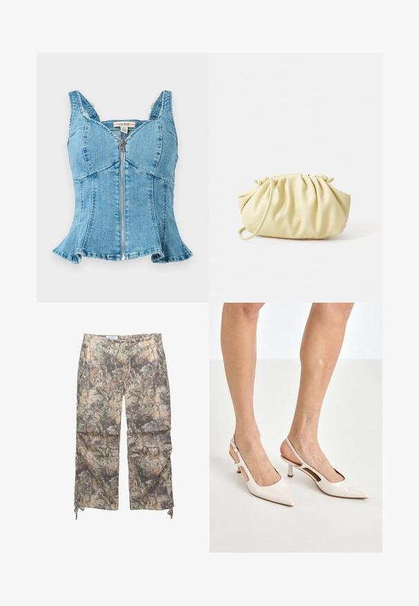 Blauwe denim top met een rits aan de voorkant, gestructureerde cups, brede schouderbanden en een uitlopende zoom. Textuurstof met gestikte details.; Camo-geprinte broek gemaakt van een lichtgewicht stof, met een elastische tailleband, zijzakken en verstelbare trekkoorden bij de enkels.; Beige gepatineerde leren slingback hakken met een spitze neus en een hak van 5 cm, met uitsparingen aan de zijkanten en een dunne enkelband.; Geel geplooide handtas van soepel nepleer, met een zachte vorm, een enkele schouderriem en een verzameld ontwerp aan de bovenkant.