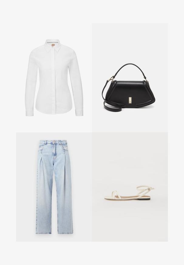 Balta ilgomis rankovėmis marškiniai, pagaminti iš švarios medvilnės, su klasikiniu apykaklės dizainu, priekinėmis mygtukų eilėmis ir pritaikytu siluetu. Lygus paviršius, be raštų.; Šviesiai mėlyni džinsai su aukštu liemeniu, plačiomis kojomis, dviem šoninėmis kišenėmis ir raukinių dizainu. Minkšta tekstūra su nudilusia apdaila.; Kreminės odinės plokščios šlepetės su plonais kryžminiais dirželiais, kulkšnies dirželiu su sagtimi, minimalistiško dizaino ir kontrastinga juoda padanga.; Juoda odinė rankinė su struktūrizuotu dizainu, turi trumpą formą, viršutinę rankeną ir auksinius akcentus. Pridėtas reguliuojamas peties diržas.