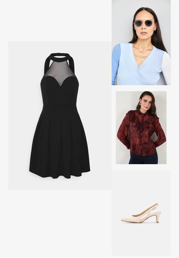 Blusa de estampado paisley rojo con tela transparente, cuello con volantes y cierre frontal con botones. Mangas largas con puños abotonados.; Vestido negro con escote halter y panel de malla. Presenta un escote en forma de corazón, falda plisada y corsé ajustado. Textura del tejido suave.; Zapato de tacón de tirantes blanco con punta afilada, material superior liso, tacón bajo y diseño con corte lateral con correa ajustable.; Gafas de sol redondas con lentes oscuros y montura dorada. El modelo lleva un cárdigan de canalé azul claro con botones y mangas blancas en contraste.; Monedero de muñeca Michael Kors en lona recubierta beige que presenta un patrón repetido del logo MK, herrajes dorados y una correa de cadena desmontable.