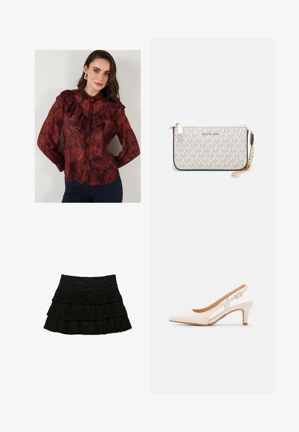 Červená blůza s paisley vzorem, vyrobená z průhledné tkaniny, s volánkovým límcem a zapínáním na knoflíky vpředu. Dlouhé rukávy s knoflíkovými manžetami.; Černá sukně s podmínkami, která má tři vrstvy volánků s texturovaným květinovým vzorem. Elastický pas pro pohodlí a dobré padnutí.; Bílé lodičky na podpatku s špicatou špičkou, hladkým svrškem, nízkým blokovým podpatkem a designem s bočním výřezem se stahovací sponou.; Kabelka na zápěstí Michael Kors v béžové potažené plátno s opakujícím se vzorem loga MK, zlatými kovovými doplňky a odnímatelným řetízkovým popruhem.