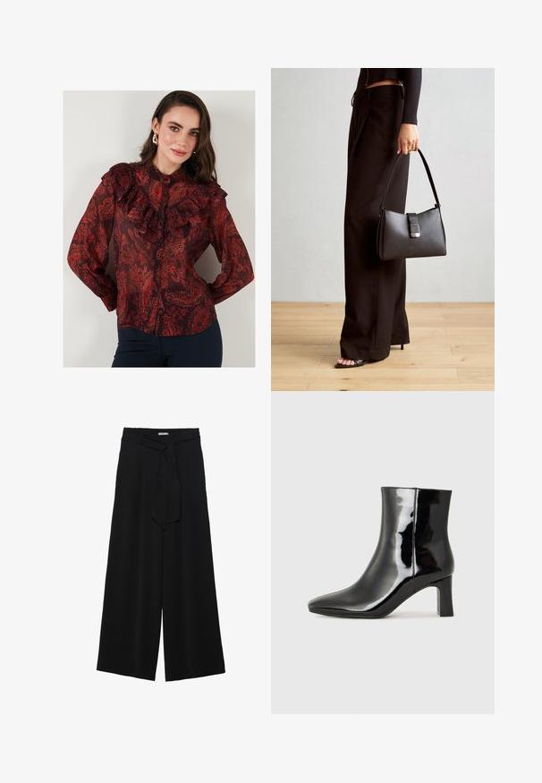 Rød bluse med paisley-mønster i gennemsigtigt stof, flæser på kraven og knaplukning foran. Lange ærmer med knapmanchetter.; Sorte vide bukser i en tekstureret stofkvalitet, med elastisk talje og et aftageligt bånd i taljen for justerbar pasform.; Sort lakeret ankelstøvle med spids tå og en midt-højde blokhæl. Glat tekstur og minimalistisk design.; Sort håndtaske med struktureret form, glat overflade og metalspænde. Sammen med brede sorte bukser og sandaler med åben tå på trægulv.