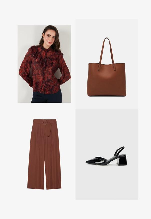 Crvena bluzica s uzorkom paisley, od prozirnog materijala, s volanastim ovratnikom i prednjim zatvaranjem na gumbe. Dugi rukavi s manžetama na gumbe.; Hlače širokih nogavica od smeđeg materijala, s remenom sa kvadratnom kopčom, nabranim dizajnom i glatkom teksturom.; Crne lakirane kožne sandale s otvorenom petom i špicastim vrhom, s geometrijskom blok petom. Imaju elegantan, minimalistički dizajn i glatku teksturu.; Smeđa kožna torba preko ramena s glatkom teksturom, otvorenim vrhom i dvjema naramenicama. Ima minimalne šavove i nema vidljivog hardvera.