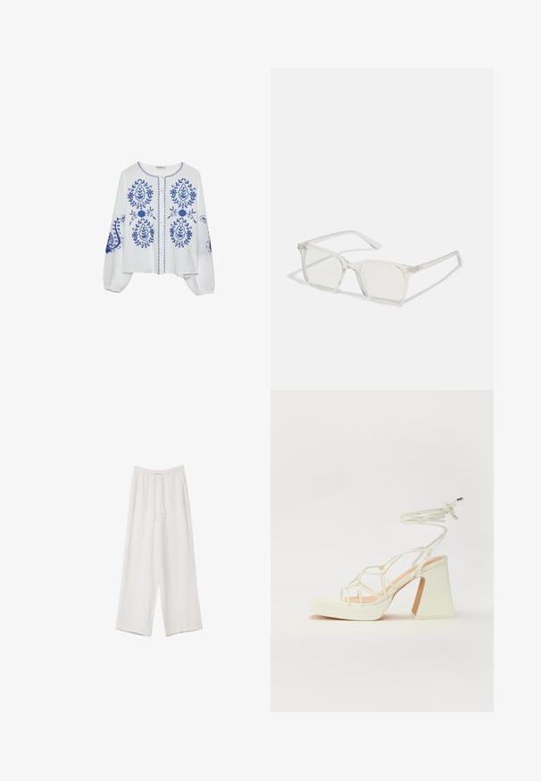 Stradivarius EMBROIDERED - Bluza - blue; Bele široke hlače iz lahkega materiala. Imajo elastičen pas s vrvico in stranske žepe. Gladka tekstura.; Bela sandala na visokih petah s debelim petam, ki ima obliko trakcev in vezanje okoli gležnja. Gladka tekstura z platformo spredaj za dodatno višino.; Prozorne kvadratne plastične očala s prozornimi lečami, ki imajo zlato dekoracijo na ročajih za dodaten pridih podrobnosti.