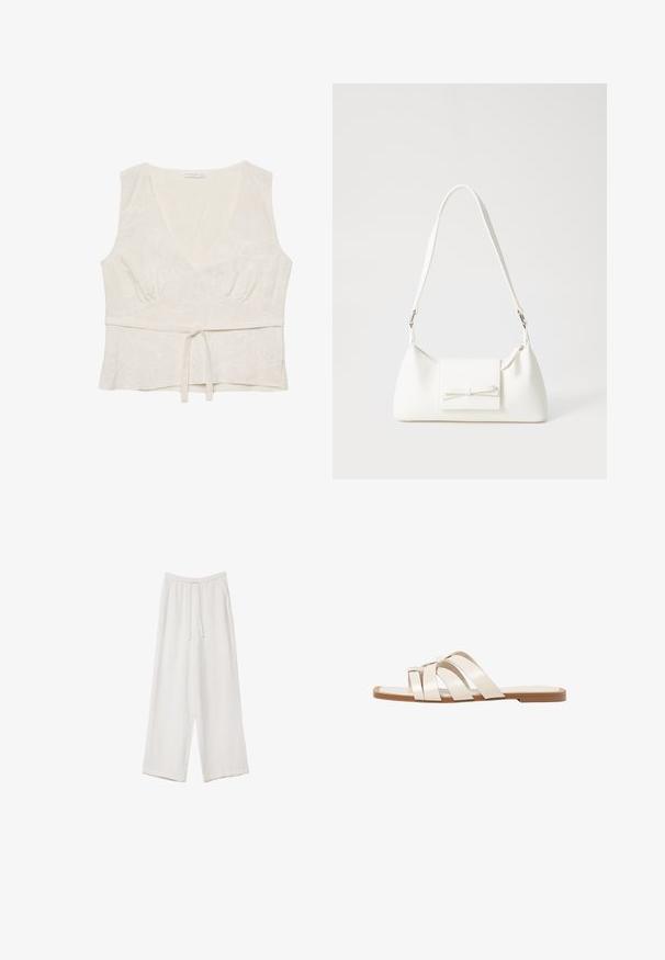 Witte linnen top met een v-halslijn, licht geplooide taille en een strik aan de voorkant. Bevat lichte bloemenborduursels door het geheel. Mouwloos ontwerp.; Witte wijde broek gemaakt van een lichte stof. Voorzien van een elastische tailleband met een trekkoord en zijzakken. Zachte textuur.; Vlakke sandalen met een tan rubberen zool, ontworpen met drie overlappende witte leren banden en een kleine strikdetail in het midden.; Witte synthetische handtas met een driehoekige vorm, platte voorklep en strikdetail, verstelbare schouderriem, gladde textuur en minimalistisch ontwerp.