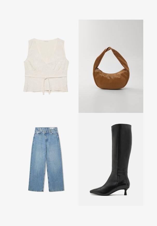 Hvid linned bluse med v-hals, let gatheret talje og bånd foran. Har let blomsterbroderi over det hele. Ermløs design.; Lyseblå vide denimjeans med høj talje, fem lommer, knaplukning og diskret falmning for tekstur.; Zign Høje støvler/ Støvler - black; Vævet læderhåndtaske i tan, oval form med et tykt flettet håndtag, der har en lynlås lukning og en blank overflade.