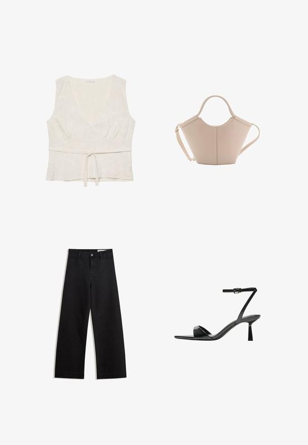White linen top with a v-neckline, slightly gathered waist, and a tie front. Features light floral embroidery throughout. Sleeveless design.; Black wide-leg denim pants with a high waist, featuring front and back pockets, stitched seams, and a button closure. Smooth texture.; Bershka High heeled sandals - black; Beige leather handbag with a unique shape, featuring two short handles and a long adjustable strap. Smooth texture with minimal hardware.