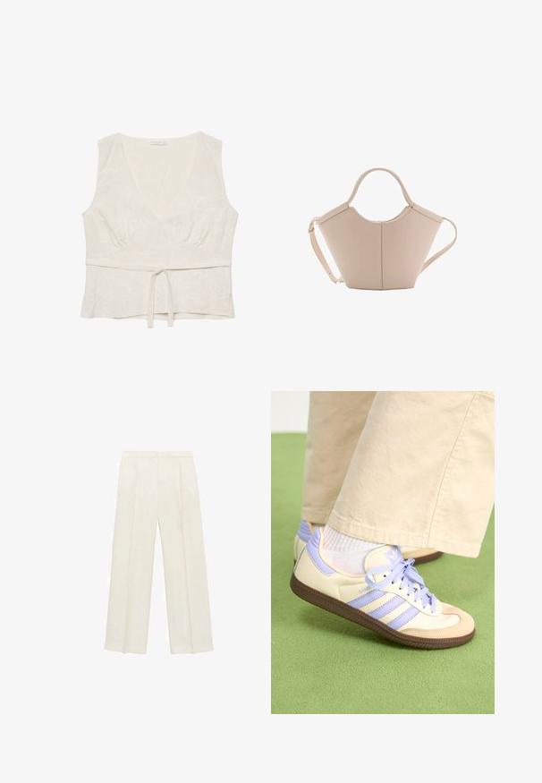 Weißes Leinenoberteil mit V-Ausschnitt, leicht gerafftem Bund und Schleifenfront. Mit zartem floralen Stickereien durchzogen. Ärmelloses Design.; Weit geschnittene Hosen in einem hellen cremefarbenen Farbton. Hergestellt aus einem glatten Stoff mit Falten an der Vorderseite und seitlichen Taschen.; Cremefarbene und lavendelfarbene Sneakers mit drei Streifen und einer strukturierten braunen Sohle, ausgestattet mit Schnürsenkeln und einer gepolsterten Ferse. Obermaterial aus weichem Stoff.; Beige Lederhandtasche mit einer einzigartigen Form, die zwei kurze Henkel und einen langen verstellbaren Riemen aufweist. Glatte Textur mit minimalen Hardware-Elementen.