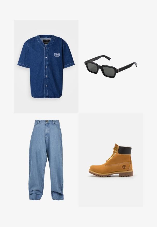 Trumpas rankovėmis, mygtukais užsegamas marškiniai iš tamsiai mėlynos džinsinės medžiagos su klasikinio tipo apykakle ir baltu siuvinėjimu ant kairiojo krūtinės kampo.; Balta polo marškiniai, pagaminti iš medvilnės. Savybės: klasikinis apykaklė, trijų mygtukų užsegimas ir trumpi rankoviai. Diskretus logotipas išsiuvinėjimas ant krūtinės.; Šviesiai mėlynos džinsinės kelnės su laisvu kirpimu, mygtuko užtrauktuku, priekinėmis kišenėmis ir užlenktais džinsuose, turinčios klasikinį penkių kišenių dizainą.; Rudos odinės aulinės puikiai tinka su metaliniais akmenukais, baltu dirbtiniu kailiu, juodu paminkštintu apvadu, tvirtu padu ir įspaustu logotipu šone.; Juodi, kvadratiniai akiniai nuo saulės su pilkais lęšiais. Stori plastikiniai rėmeliai su auksiniais akcentais ir prekės ženklu ant smilkinių. Lygus paviršius.