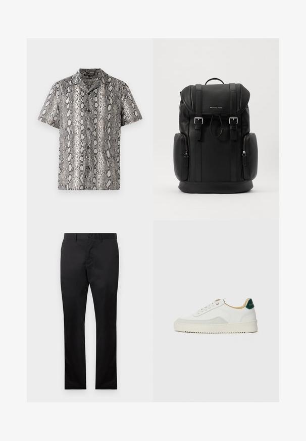 Melna un balta īsām piedurknēm krekls ar čūsku ādas rakstu, ar iekļautu apmali un pogu priekšpusi. Izgatavots no viegla auduma.; Melni kokvilnas bikses ar taisnu kāju dizainu, ar priekšējo pogu aizdari un sānu kabatām, gluda tekstūra, bez redzamām rakstām.; Baltas sneakers ar zamša akcentiem, noapaļota purngala, plakaniem auklām un krēmkrāsas gumijas zoli. Ar zaļu zīmolu uz papēža.; Melnas ādas mugursoma ar teksturētu virsmu, atloka aizdari, metāla piederumiem, sānu rāvējslēdzēja kabatām un zīmola logo priekšpusē.