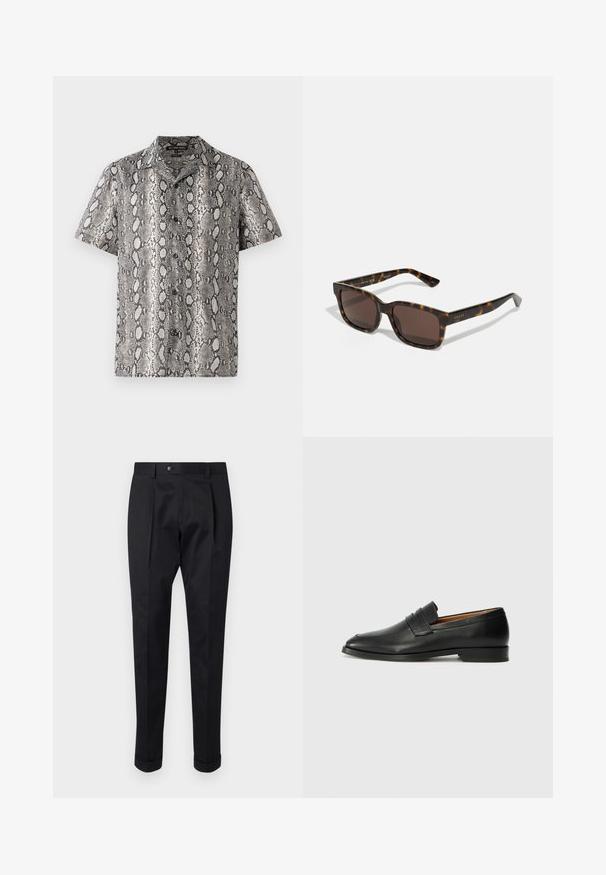 Kurzarmhemd in Schwarz-Weiß mit Schlangenledermuster, ausgestattet mit einem eingeschnittenen Kragen und einer Knopfleiste. Aus leichtem Stoff gefertigt.; Schwarze Hosen aus einem glatten Stoff, mit einem Faltenwurf vorne, einem Knopfverschluss und umgeschlagenen Säumen am Knöchel.; Schwarze Leder-Slipper mit runder Zehenform, dezenten gestickten Details und niedrigem Absatz, ausgestattet mit glatter Textur und minimalistischem Design.; Gucci-Sonnenbrillen mit quadratischen, Schildpatt-kunststoffrahmen und braunen Gläsern. Mit dezentem Branding an den Schläfen.